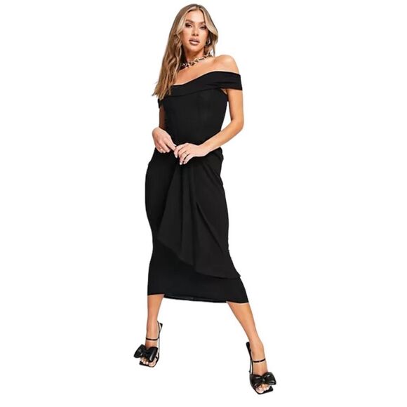 ASOS Design ASOS DESIGN bardot corset detail ruched midi‎ dress in black Size 6 - Picture 1 of 11